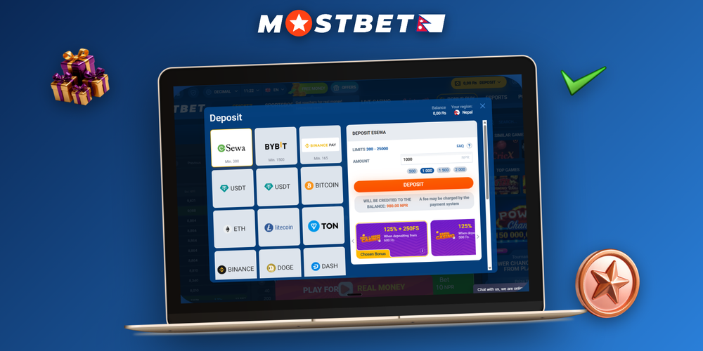Mostbet cashier desktop interface showing NPR deposit amount field and payment tiles