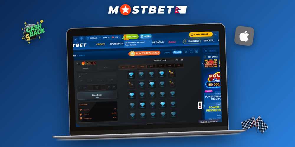 Mostbet Mines desktop interface mid-round with NPR bet input and cash-out button